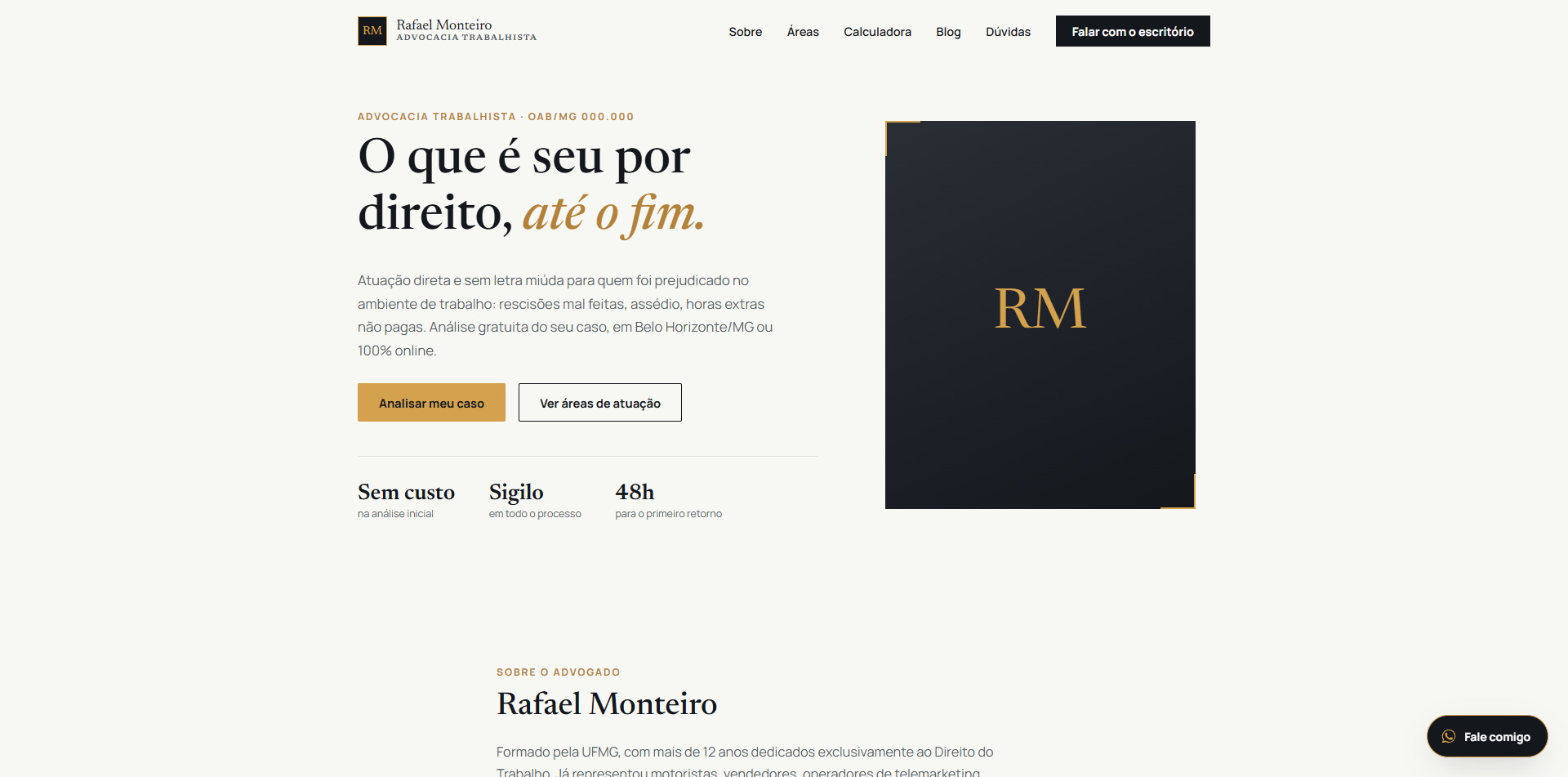 Captura de tela do site Dr. Rafael Monteiro Advogado, site de prestador de serviços